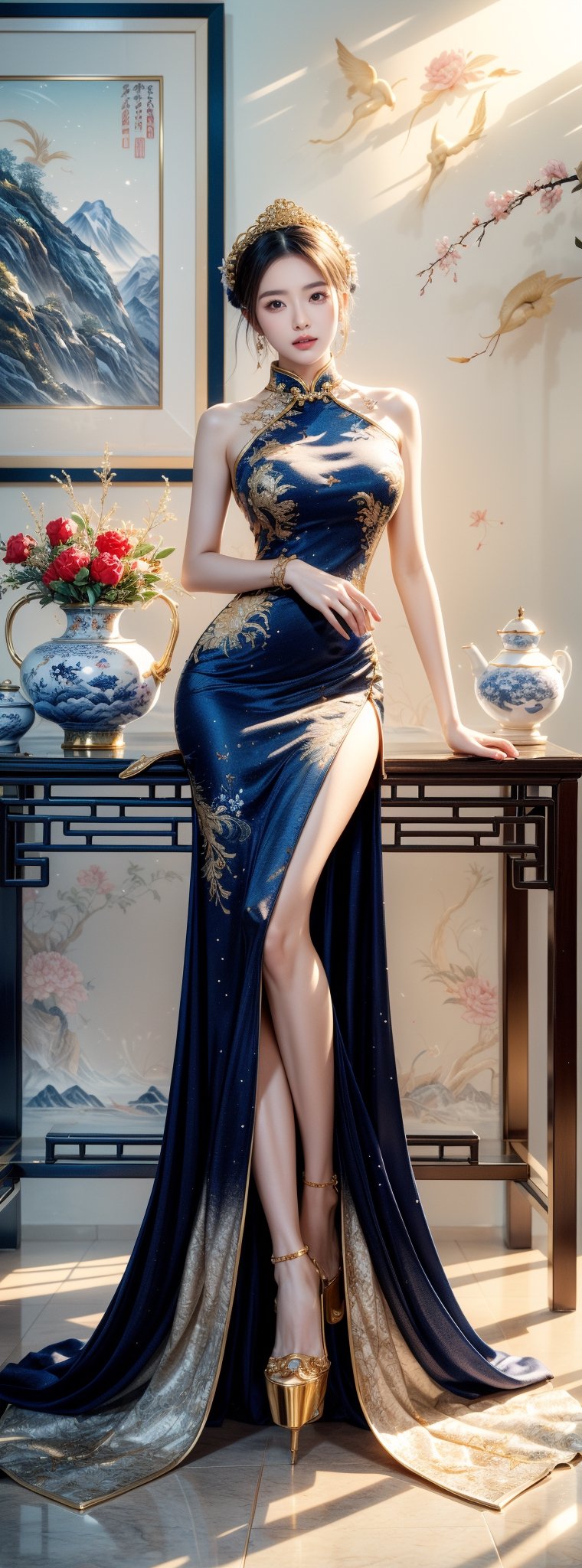 Ceramic material, beige gold tone, a 23-year-old Chinese beauty wearing a gorgeous high-collar dress, with an elegant and leisurely face, full body, sitting on a gorgeous single baroque sofa with a blue background and gold edges. Her outfit is predominantly white with navy blue trim and detailed with a detailed peony pattern. Her perfect long legs were exposed, and there was a blue and white porcelain teapot and teacup on the table next to the chair, indicating that this was a tea party. The floor beneath her feet was strewn with pearls and red beads. Directly behind the background is a gold-framed Chinese painting, and ornate interior decoration surrounds the central figure, adding to the luxurious feel of the scene.