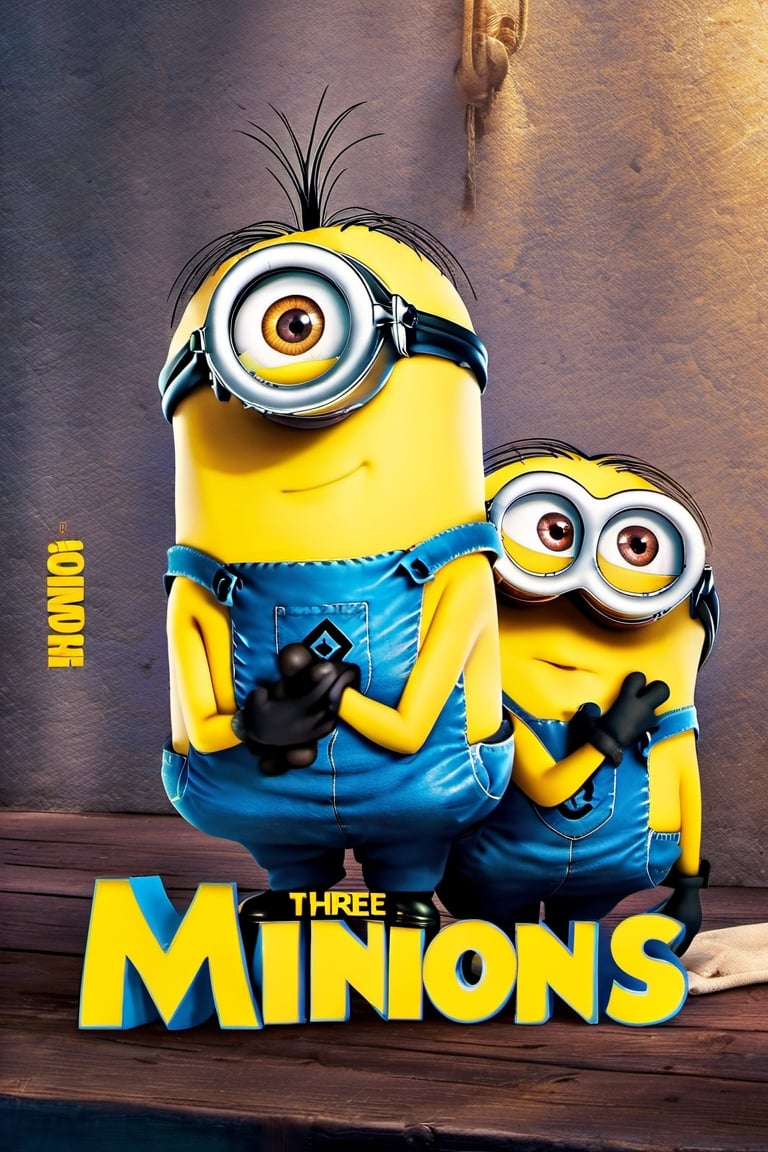 Movie poster, three minions below, movie title "Minions", HD advertising, visual details, movie lighting, 8k