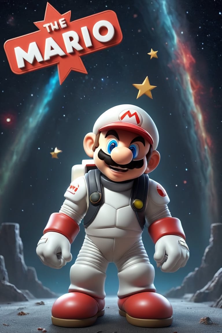 cute 3d cartoon Mario in soviet spacesuit, happy, sci fi background, gamma-ray burst,Text 'Mario'
