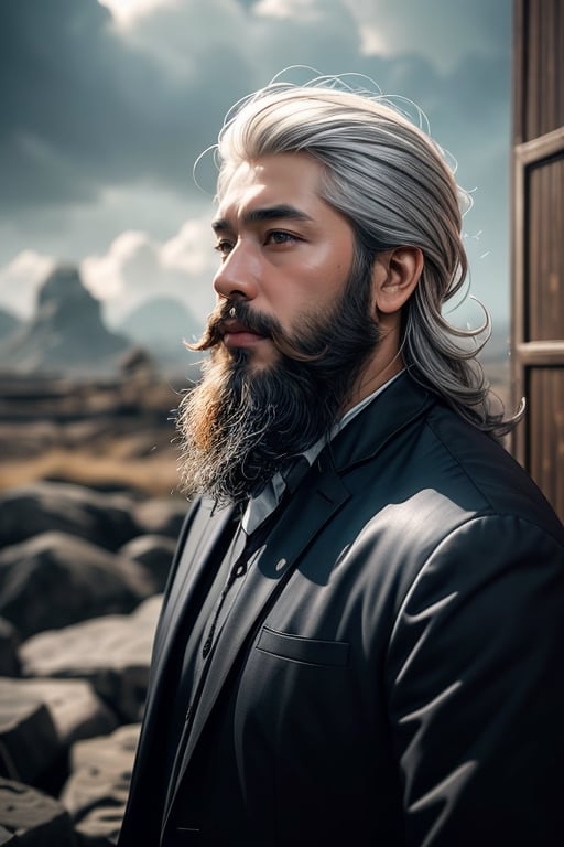 A handsome Indonesian bearded man in a dreamlike setting, grey hair, surrounded by surreal elements and abstract landscapes, blending various elements to create a whimsical composition, depth of field, bokeh, cinematic, masterpiece 