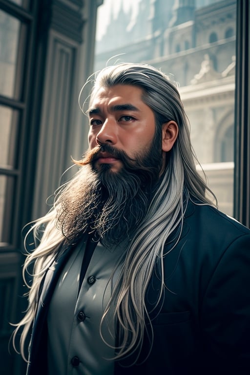 A handsome Indonesian bearded man in a dreamlike setting, long grey hair, surrounded by surreal elements and abstract landscapes, blending various elements to create a whimsical composition, depth of field, bokeh, cinematic, masterpiece 