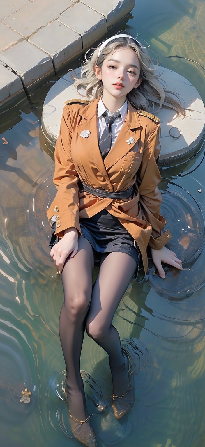 (super detailed), (beautiful background, detailed background),One girl, lying on the water, eyes closed, relaxed, fish around, weeds,(above shot:1.5), green eyes,white hairband, military uniform, short necktie, double-breasted, buttons, long sleeves, red jacket, orange necktie,aazero2,full body,black pantyhose