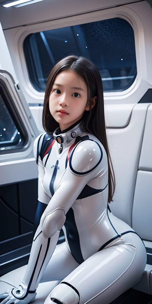 best quality,  photo realistic, 
master piece, shallow_dof, 
1girl,  Korean girl,  12 years old,  young, 
(((little girl’s body))),  (((petite body))),  [[[small breasts]]],  flat_chest,  slim body,
Black hair, short neck, no makeup,

Sideview, looking at  viewer,
Dreamy face, no smile,

Wearing white and black accent futuristic spacesuit ,
 ceramic plastic glossy shiny bodysuit,
No helmet, 

On space ship with stars and planet seen through the window in the night sky,