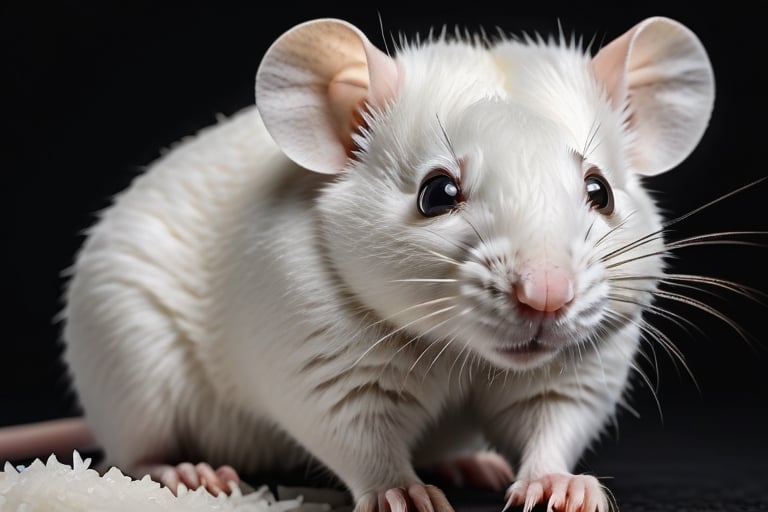 A big white rat facing the camera made with sticky rice. Full view and dark background with dual light effect. Ultra realistic, ultra detailed, high resolution, high-quality, UHD, 8K, taken on iPhone 15 Pro Max camera.