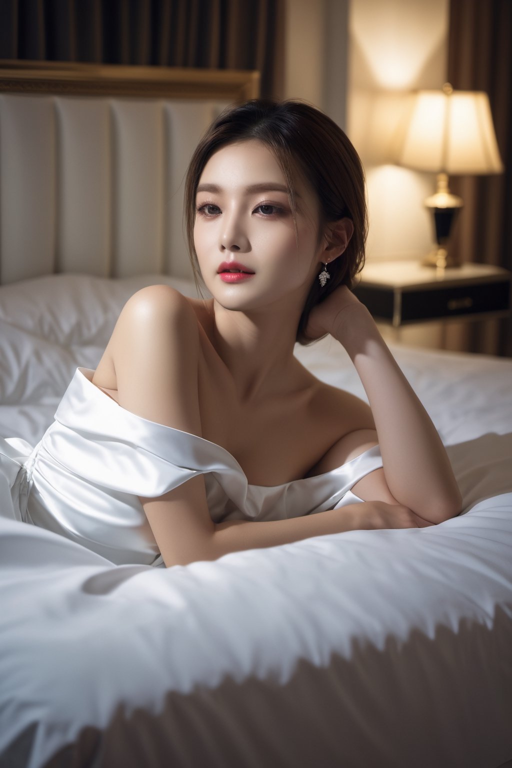 (1girl, off shoulder dress, drunk, laying on big white hotel bed, soft light in background, night),full body shot, masterpiece, best quality, high resolution, UHD, realism, realistic, depth of field, raytraced, medium breast, mystical, luminous, translucent, beautiful, stunning, a mythical being exuding energy, textures, breathtaking beauty, pure perfection, with a divine presence, unforgettable, and impressive.