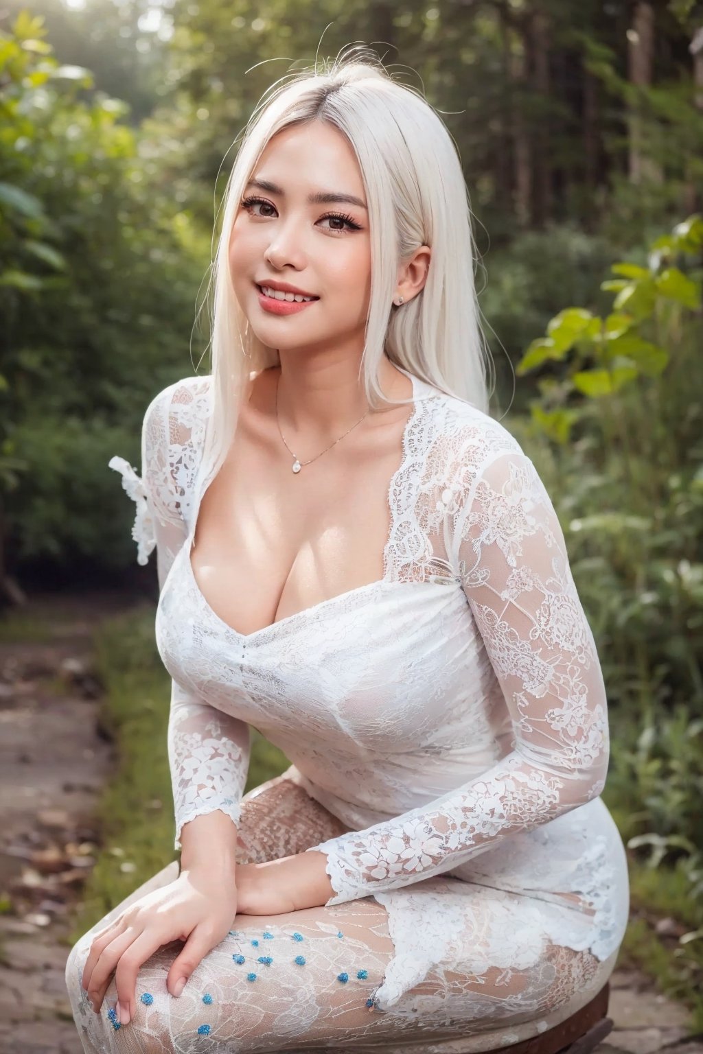 1girl, NSFW, 8k, high_resolution, best quality, indonesian, standing, forest background, in the middle of a forest, facing front, smiling, proportional eyes, 18+, perfect, (from front), knee shot, looking_at_camera, front, masterpiece, brown_eyes, huge_boobs, thick thighs, large_breasts, long_hair, (((white_hair))), kebaya, Indonesiadoll, black kebaya, cleavage