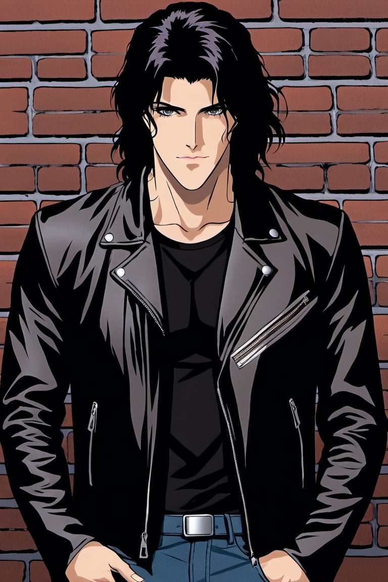 1 male, pale skin, long black hair, brown eyes, fit body, leather jacket, leather jeans, black t-shirt.