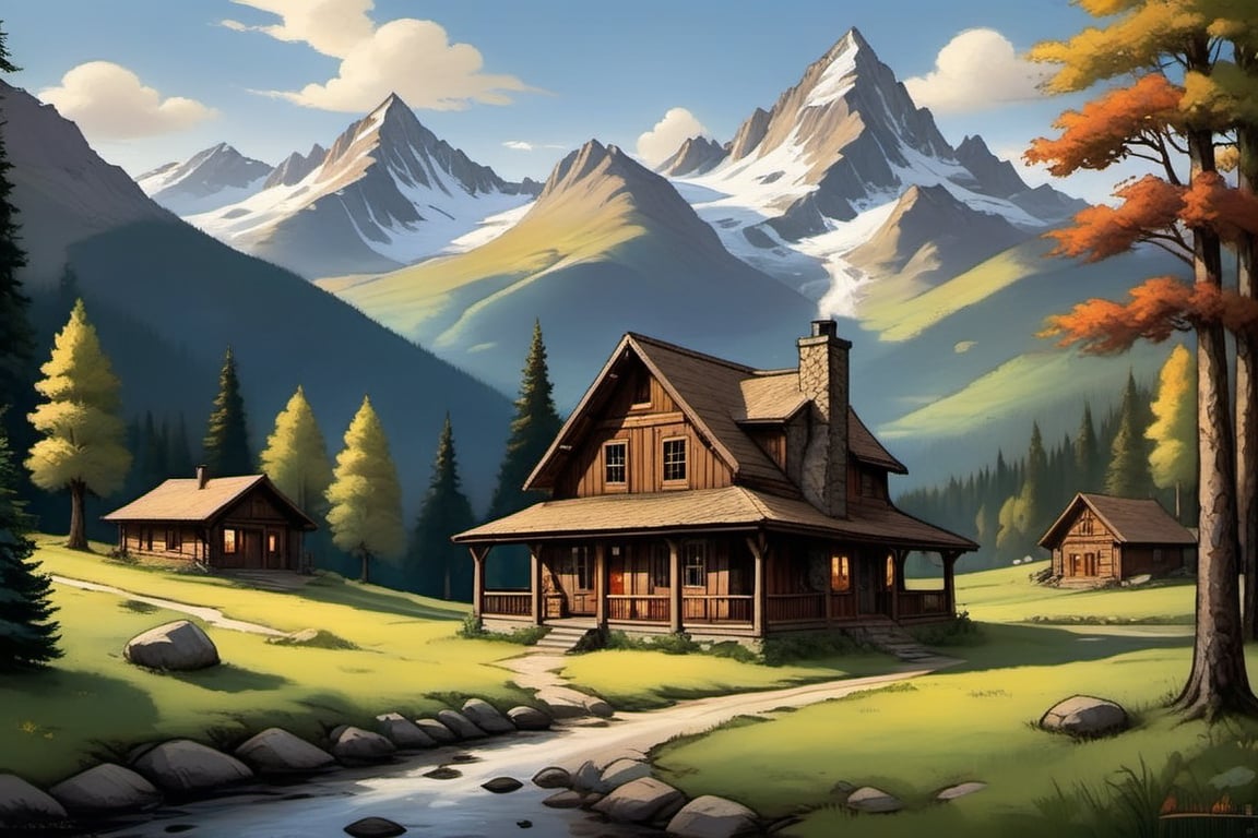 A rustic mountain retreat: This painting captures the charm of a cozy cabin nestled amidst the mountains. Tranquility in the peaks: The snow-capped peaks and the simple house create a scene of peace and tranquility. A longing for the mountains: This idyllic mountain cabin scene evokes a sense of longing for nature. Simple living in the mountains: The painting depicts a simple life surrounded by the beauty of the mountains. Fairytale mountain escape: This picturesque mountain cabin looks like something out of a fairytale.,Hot Girl,Landscape