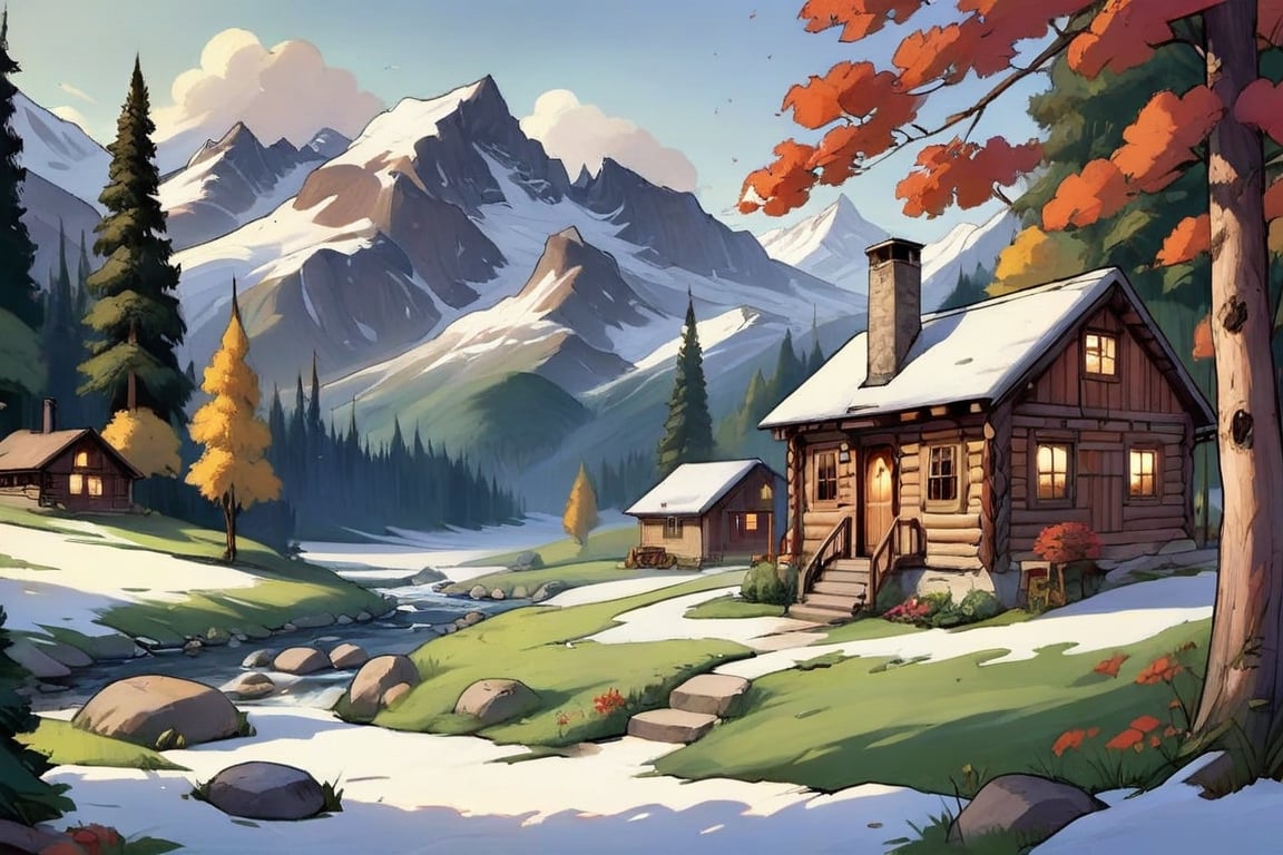 A rustic mountain retreat: This painting captures the charm of a cozy cabin nestled amidst the mountains. Tranquility in the peaks: The snow-capped peaks and the simple house create a scene of peace and tranquility. A longing for the mountains: This idyllic mountain cabin scene evokes a sense of longing for nature. Simple living in the mountains: The painting depicts a simple life surrounded by the beauty of the mountains. Fairytale mountain escape: This picturesque mountain cabin looks like something out of a fairytale.,Hot Girl,Landscape