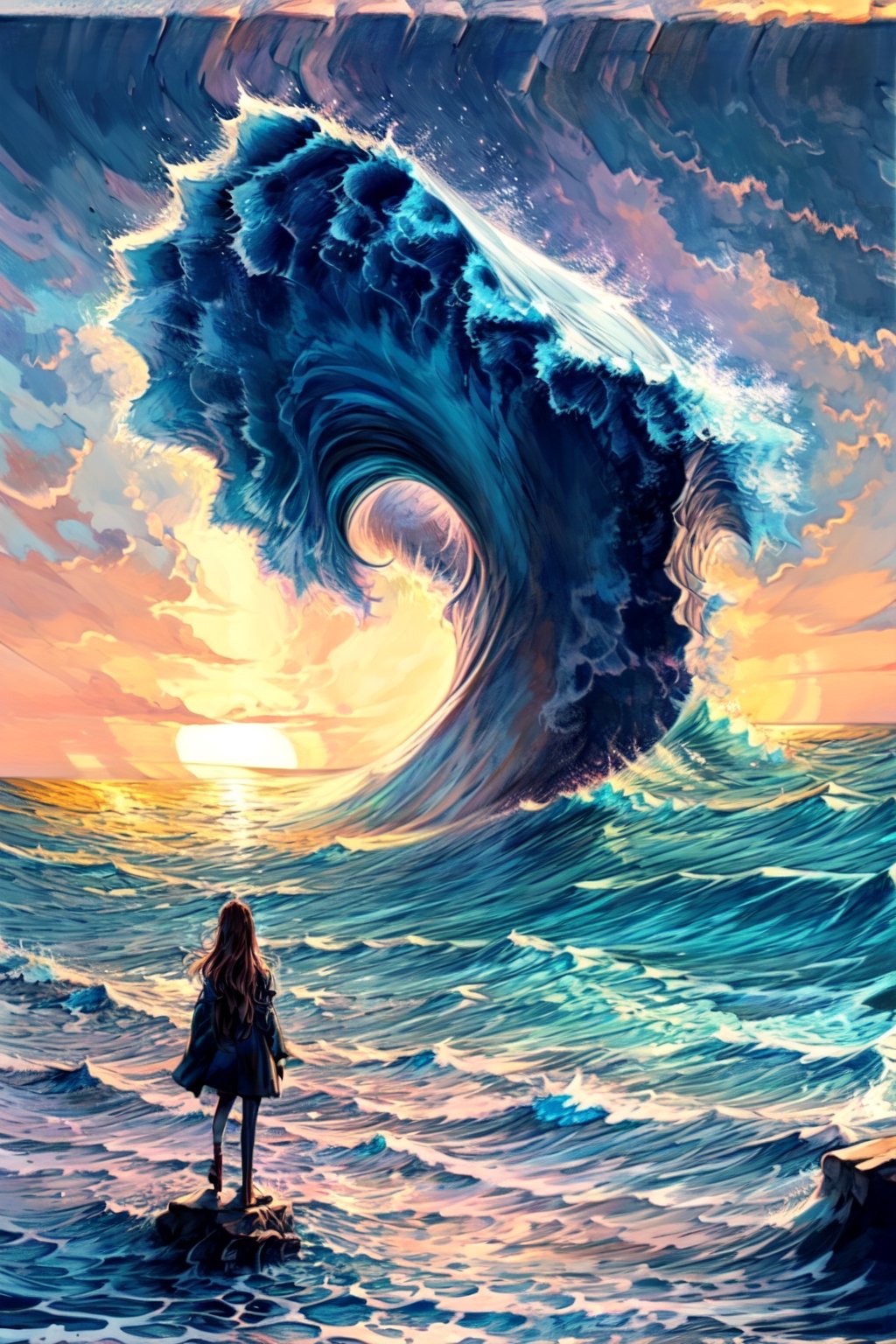a girl raised her hand to shade her eyes from the sun, standing on a rocky cliff overlooking a turbulent sea, waves crashing against the shore below, storm clouds gathering in the distance, a sense of impending danger and excitement in the dramatic landscape, captured in a dynamic and atmospheric sculpture style with exaggerated proportions and textures,oil painting,3g3Kl0st3rXL,no_humans,EpicArt