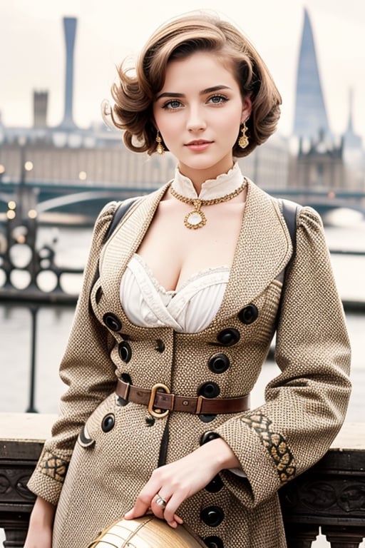 (Hyperphotography),During the Industrial Revolution, a 25yo, noble girl, with a beautiful face and eyes, extremely gorgeous retro clothes, big breasts, and jewelry. London was in the background.,better_hands,1 girl

 (dynamic angle shot),(dynamic pose),