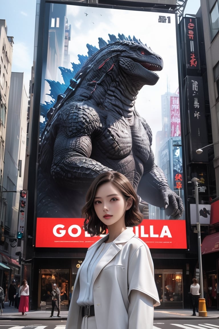 Create a portrait of a European woman with a beautiful face and a supermodel figure, showing her grace and temperament on the sidewalk, forming a strong contrast with the huge poster of Godzilla behind her.

The huge poster of Godzilla.

((Masterpiece, Best Quality)) ultra high definition pictures, crystal translucency, vibrant artwork
Super real, photo style, realistic style, cinematic moviemaker style,Godzilla