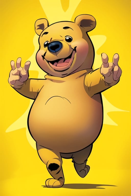 winnie the pooh, a cartoon character, with a big head and small body, kawaii,
