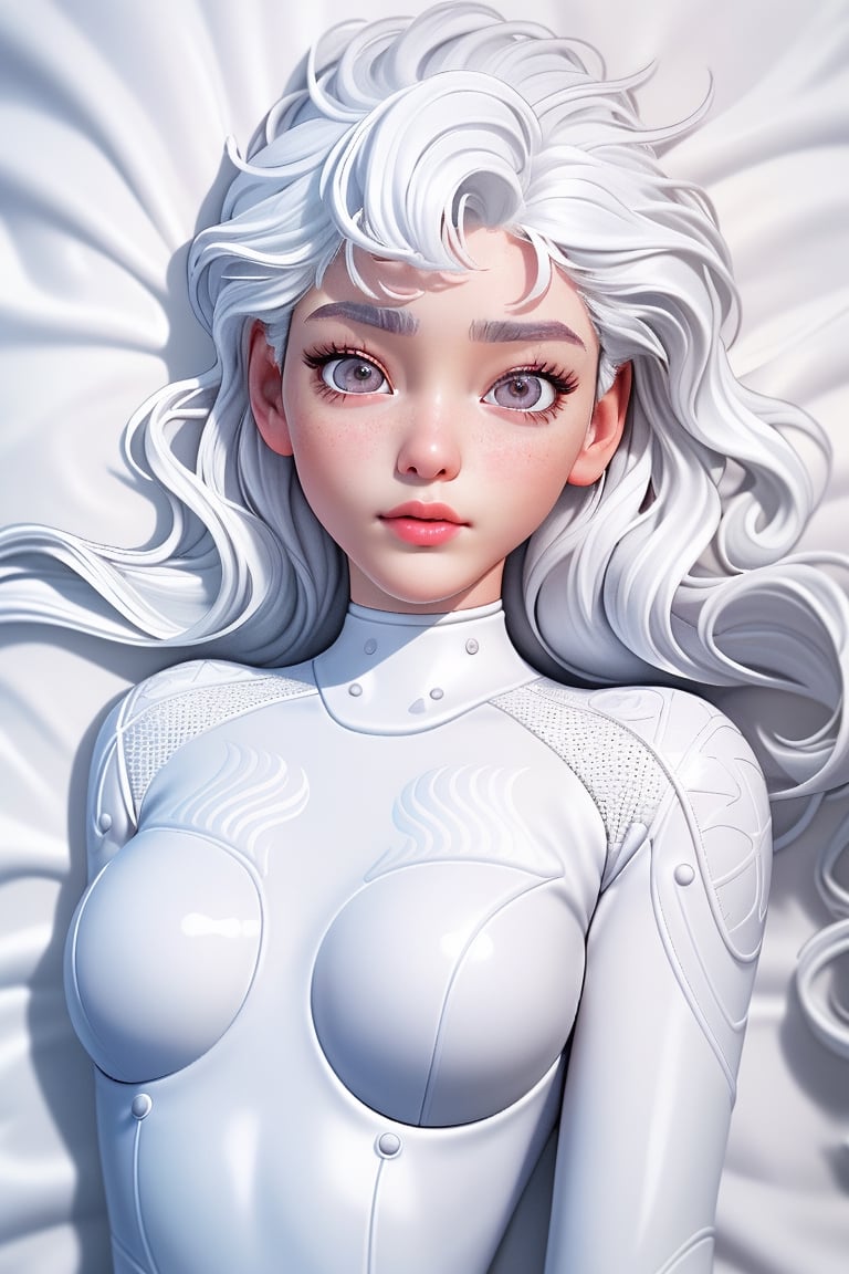 1girl, 18 years old, face to viewer, cooling, see to top, white hair, white glossy catsuit,  intricate printing pattern, small breast,  small breast, small breast, lying on bed,  bedroom background,  upper body, masterpiece,rubbersuit02