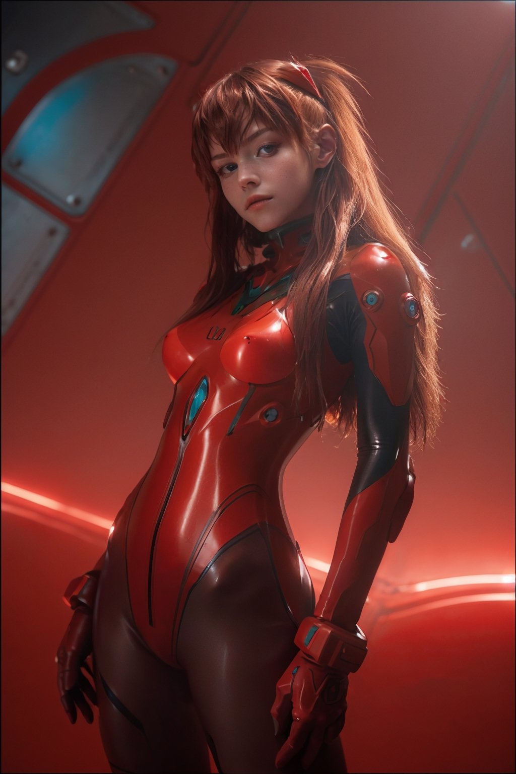4K, 8K, (Masterpiece, best quality:1.2), blue eyes, perfect face, cosplay, professional photo, photo, photorealism, ((red armor)), modelshoot style, portrait of shirogane, red plugsuit, feminine, (girl),  ((cyberpunk landscape)), (narrow waist), upper body, face shot, very small breats, sexy look, 