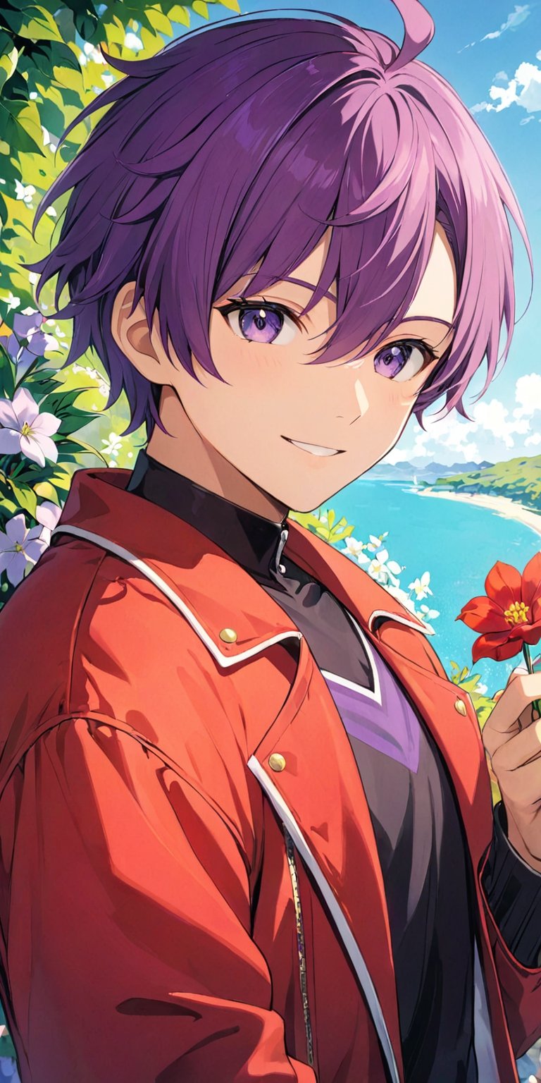 solo, looking at viewer, smile, shirt, 1boy, holding, purple hair, purple eyes, red jacket, upper body, flower, ahoge, male focus, outdoors, , holding flower