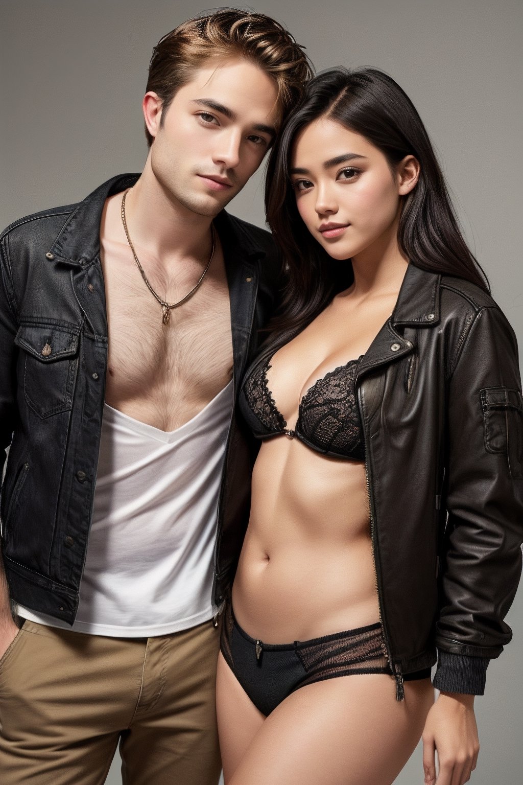 Robert Pattinson wearing a brown jacket and black denim pants, perfect quality, 4k render, realistic, looking at the viewer, perfect detailing eyes, perfect hairs, with a beautiful girl, both looking at the viewer, girl is in Black lace tube bikini top and open jacket with black hollow out lace bottom short, girl have medium boobs petite body narrow hips perfect curvy figure, close couple pose, perfect and detailed face, lean-muscles, men's_skin, ultra high detailing 