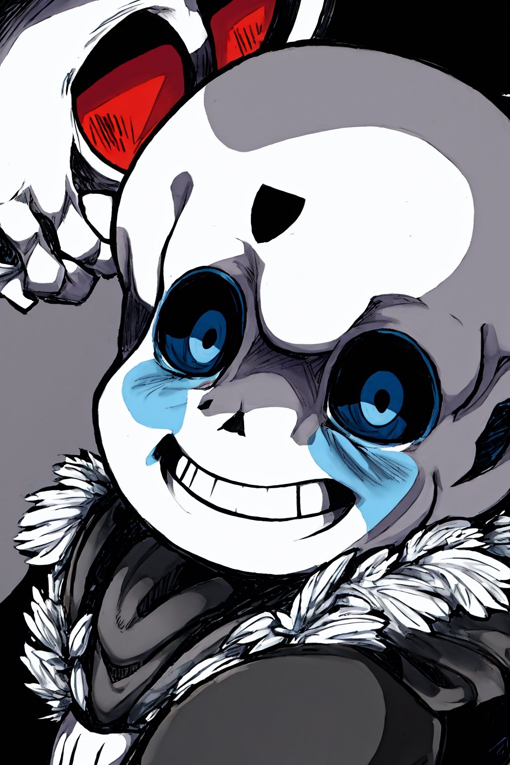sans ink _(undertale),sans ink ,a relaxed smile on his face, has black paint on his right cheek.