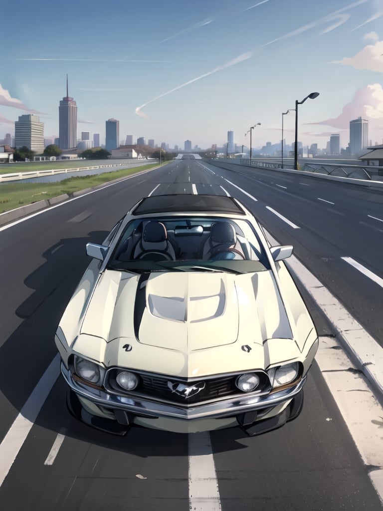 masterpiece, best quality, high Resolution, toriyama_akira style,
1970 ford mustang convertible, 1970 mustang convertible, 
road, sky, city, morning, racing car painting, midjourney, car, cloudstick