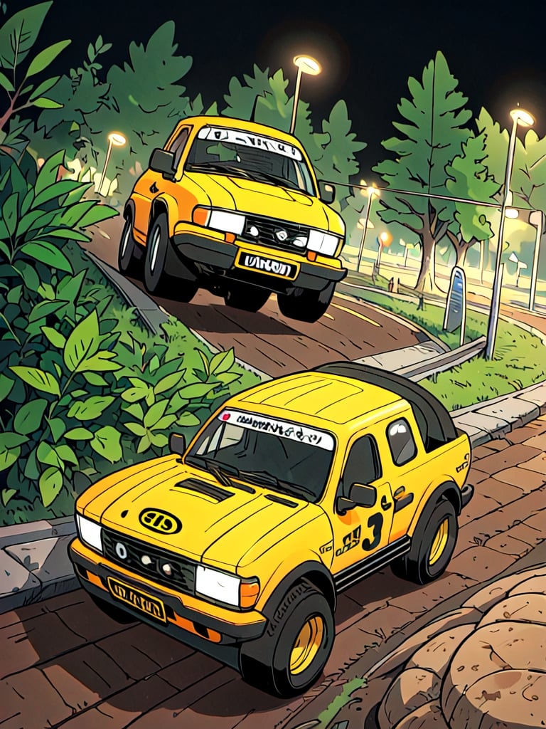 masterpiece, best quality, high Resolution, toriyama_akira style
1 driver wears helmat, driving pick up truck, off road style, viewer from ground
extra lights on roof top, extra lights on bumper, wrc racing painting, fly over ramp
jungle, muddy road, sky, muddy car, 

