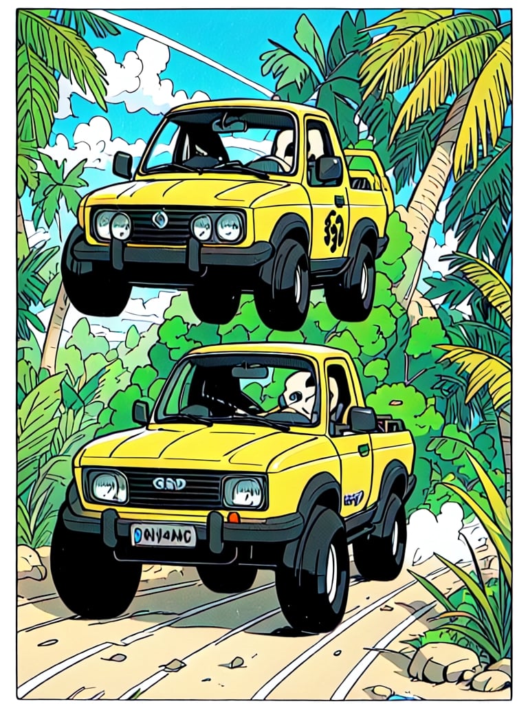 masterpiece, best quality, high Resolution, toriyama_akira style
1 pick up truck, off road style, driver and passanger wear helmats
extra lights on roof top, extra lights on bumper, wrc racing painting
jungle, mudding road, sky
Toriyama Akira, midjourney,