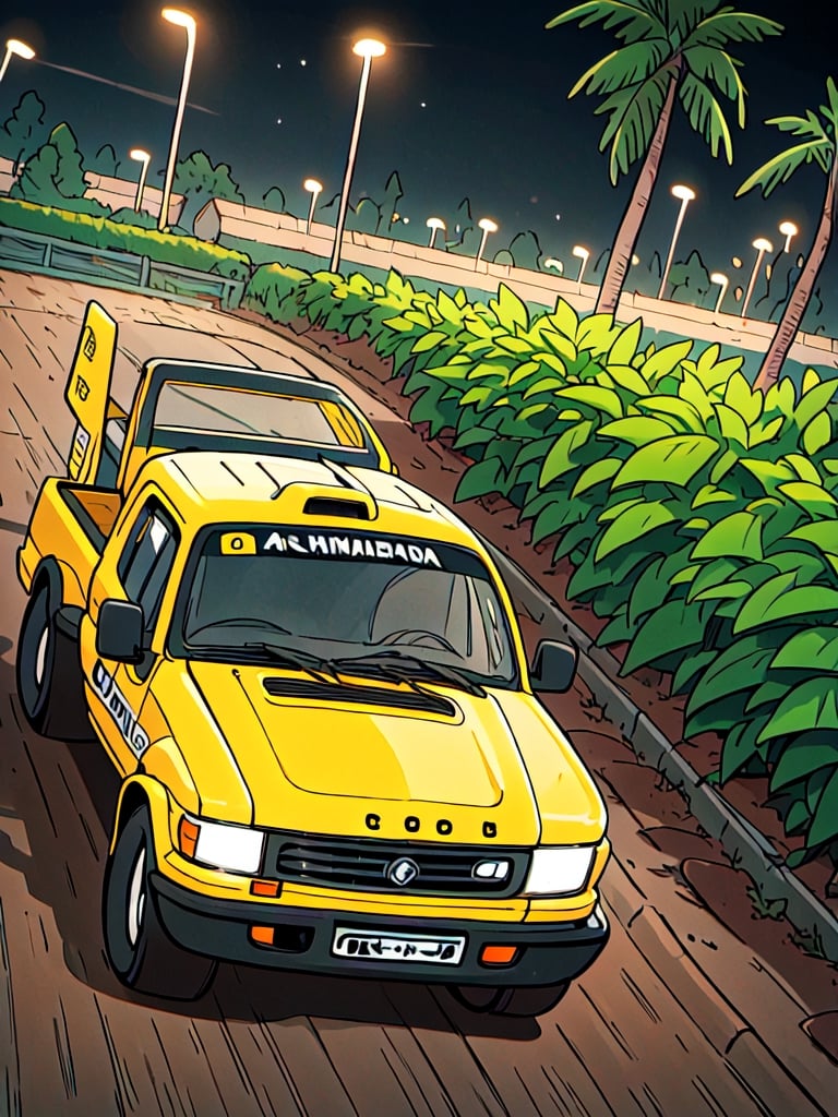 masterpiece, best quality, high Resolution, toriyama_akira style
1 driver wears helmat, driving pick up truck, off road style, from under
extra lights on roof top, extra lights on bumper, wrc racing painting, fly over ramp
jungle, muddy road, sky, muddy car, 
