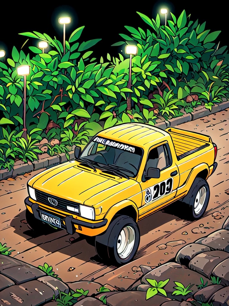 masterpiece, best quality, high Resolution, toriyama_akira style
1 pick up truck, off road style, driver wears helmat
extra lights on roof top, extra lights on bumper, wrc racing painting
jungle, muddy road, sky, muddy car
