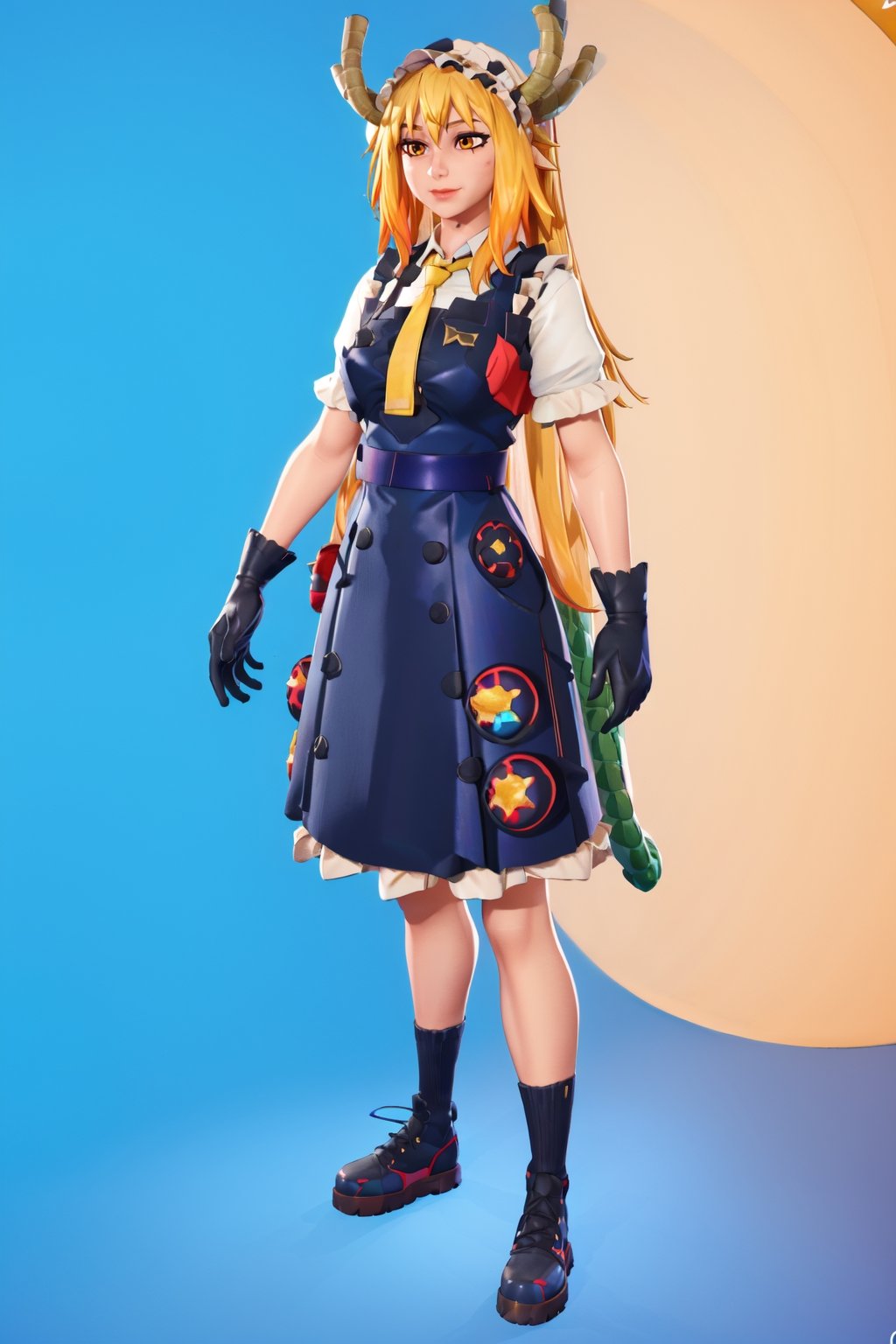 tohru (maidragon),full_body, (EmWat69), 1girl, female, portrait, yellow hair, long hair, (cycles render:1.3), caustics, blue background, (glossy:0.56), (artstation:0.81), unreal engine, fortnite,fortnite,tohru (maidragon), style_fortnite, holding collection_tool