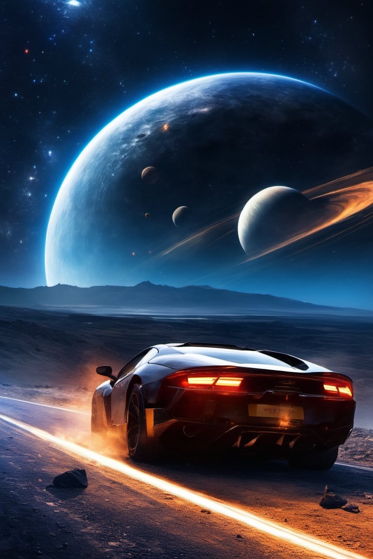 It generates a high-quality cinematic image, extreme details, ultra-definition, extreme realism, high-quality lighting, 16k UHD, a road with cars on it but in the background and in front is outer space and you can see planets and stars,car,RoadWreck_Simulator,EpicSky