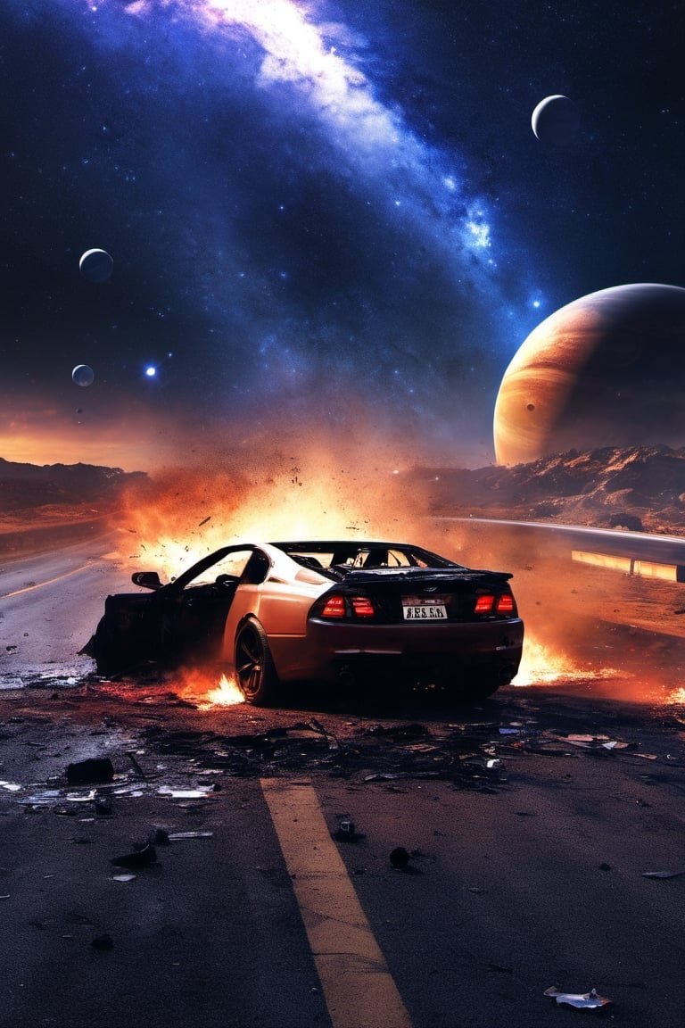 It generates a high-quality cinematic image, extreme details, ultra-definition, extreme realism, high-quality lighting, 16k UHD, a road with cars on it but in the background and in front is outer space and you can see planets and stars,car,RoadWreck_Simulator,EpicSky