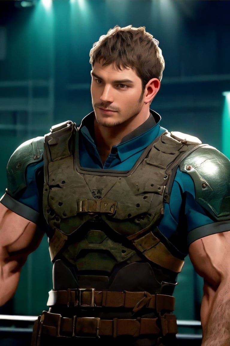 1_boy, solo, looking at viewer, short hair, brown hair, 1boy, upper body, male focus, grey shirt, facial hair, shoulder armor, realistic, masculine, muscular, large pecs, arm hair, manly, handsome, charming, alluring, perfect eyes, perfect anatomy, perfect proportions, (perfecteyes) perfect anatomy, perfect proportions, best quality, masterpiece, high_resolution, dutch angle, cowboy shot, photo background, perfect hands, perfect fingers, intricate details,