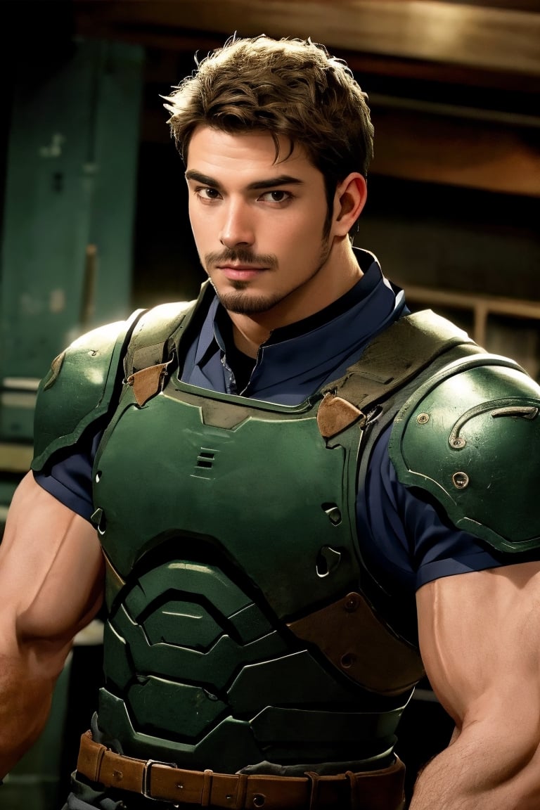 1_boy, solo, looking at viewer, short hair, brown hair, 1boy, upper body, male focus, grey shirt, facial hair, shoulder armor, realistic, masculine, muscular, large pecs, arm hair, moustache, handsome, charming, alluring, perfect eyes, perfect anatomy, perfect proportions, (perfecteyes) perfect anatomy, perfect proportions, best quality, masterpiece, high_resolution, dutch angle, cowboy shot, photo background, perfect hands, perfect fingers, intricate details,