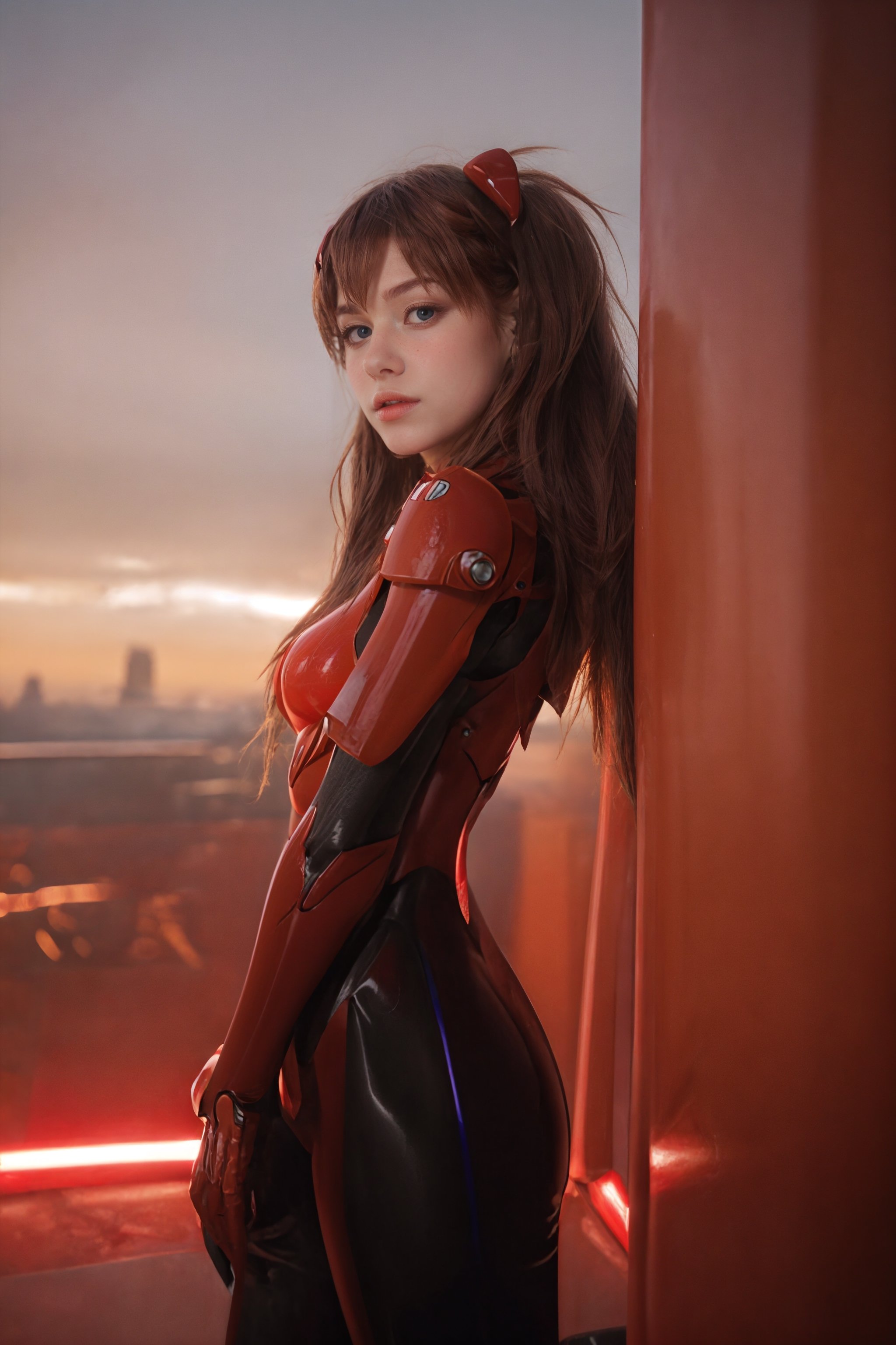 4K, 8K, (Masterpiece, best quality:1.2), blue eyes, perfect face, cosplay, professional photo, photo, photorealism, ((red armor)), modelshoot style, portrait of shirogane, red plugsuit, feminine, (girl),  ((cyberpunk landscape)), (narrow waist), upper body, face shot, very small breats, sexy look, sexy pose,flash,flashlight