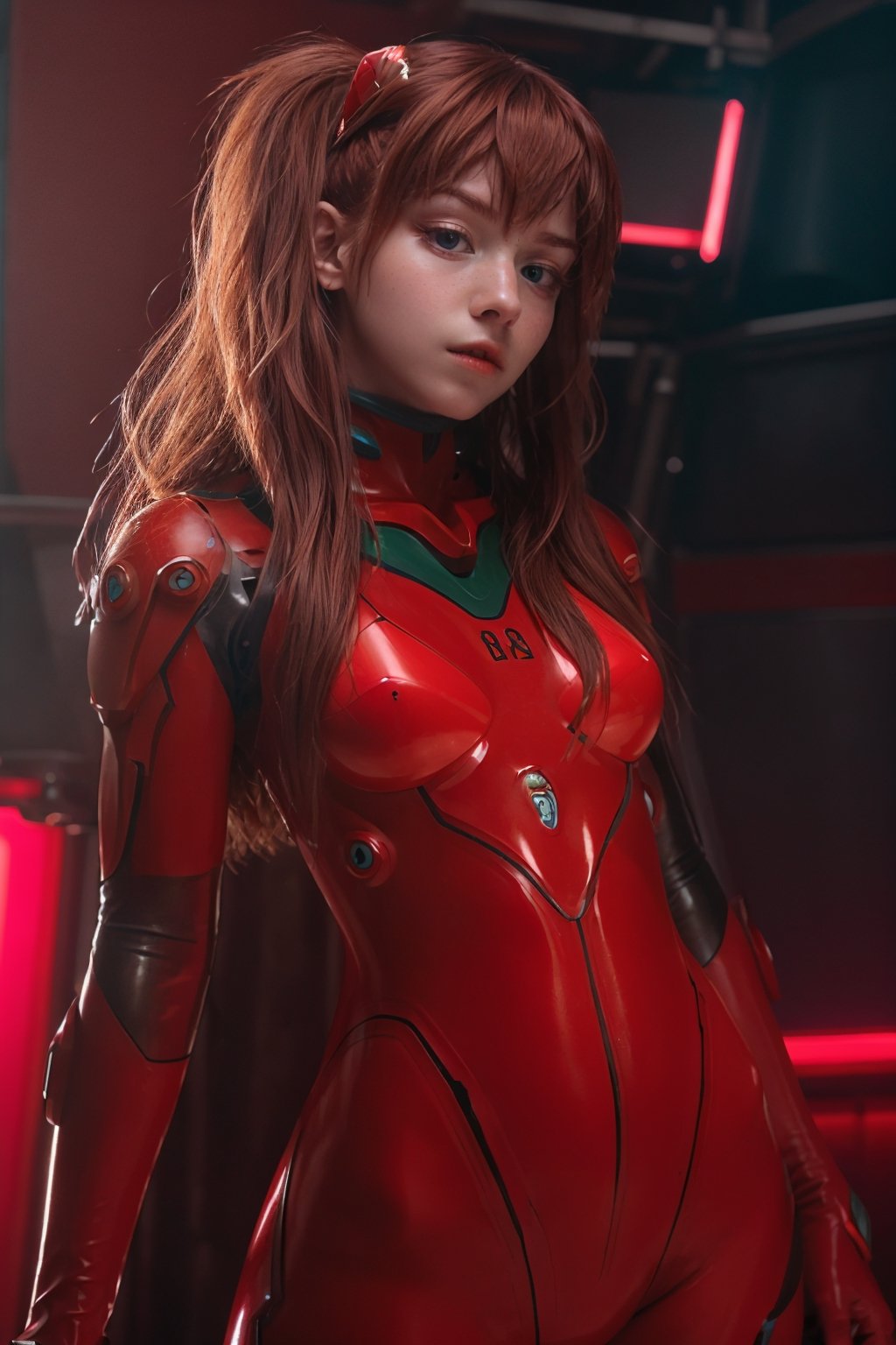 4K, 8K, (Masterpiece, best quality:1.2), blue eyes, perfect face, cosplay, professional photo, photo, photorealism, ((red armor)), modelshoot style, portrait of shirogane, red plugsuit, feminine, (girl),  ((cyberpunk landscape)), (narrow waist), upper body, face shot, very small breats