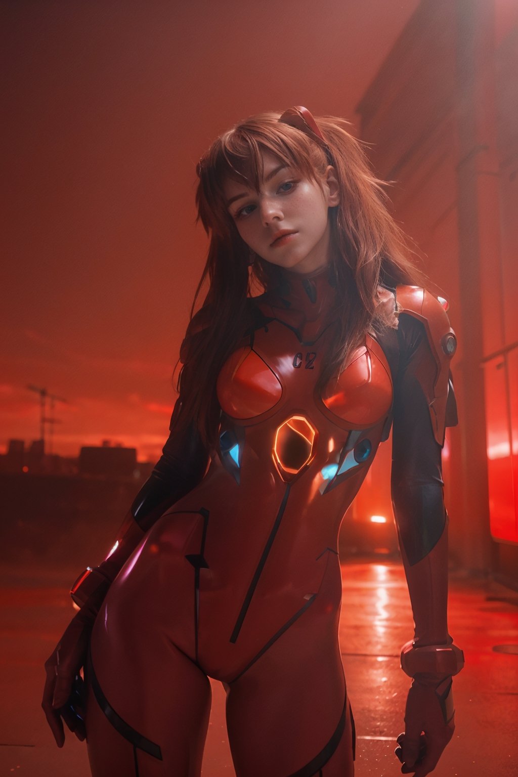 4K, 8K, (Masterpiece, best quality:1.2), blue eyes, perfect face, cosplay, professional photo, photo, photorealism, ((red armor)), modelshoot style, portrait of shirogane, red plugsuit, feminine, (girl),  ((cyberpunk landscape)), (narrow waist), upper body, face shot, very small breats, sexy look, 