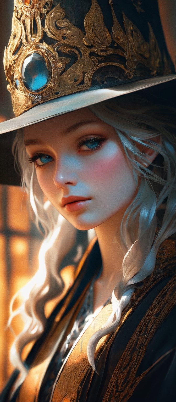 a gorgeous, provocative, wise, smart witch girl, resting chin on hand, fashionable black and gold robe, witch hat, intricate details, by (Anna Dittmann). (Cinematic lighting, ethereal light, intricate details, extremely detailed, incredible details, full colored), complex details, hyper maximalist, gorgeous light and shadow, detailed decoration, detailed lines. masterpiece, best quality, HDR, UHD, unreal engine. looking at the camera, fair skin, beautiful face, beautiful eyes, perfect eyes, detailed eyes, beautiful nose, super wide angle, high angle, high color contrast, (colorful:1.4), far away shot, 