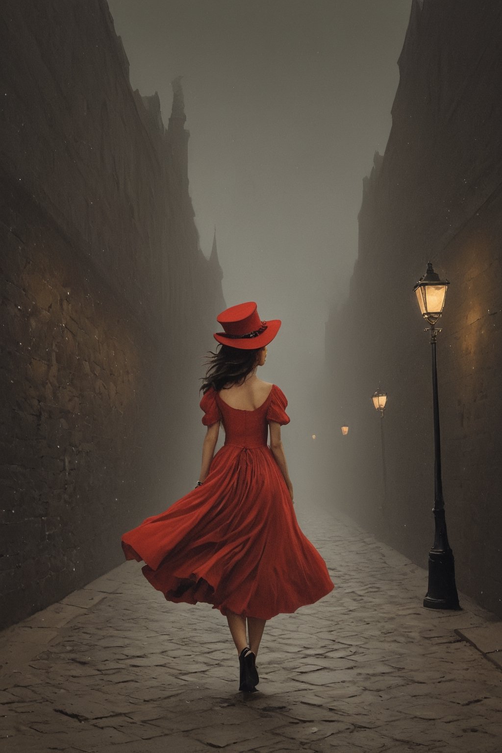 In a cobblestone alley of 18th century London at night, lots of fog, lit by street lamps, a girl walks down the street in red evening dress blown by the wind, a red hat, mysterious atmosphere, (masterpiece, top quality, best quality, official art, beautiful and aesthetic:1.2), (1girl:1.4), portrait, extreme detailed, highest detailed, simple background, 16k, high resolution, perfect dynamic composition, bokeh, (sharp focus:1.2), super wide angle, high angle, high color contrast, medium shot, depth of field, blurry background, in the style of esao andrews,style,oil paint ,concept,fantasy,potma style