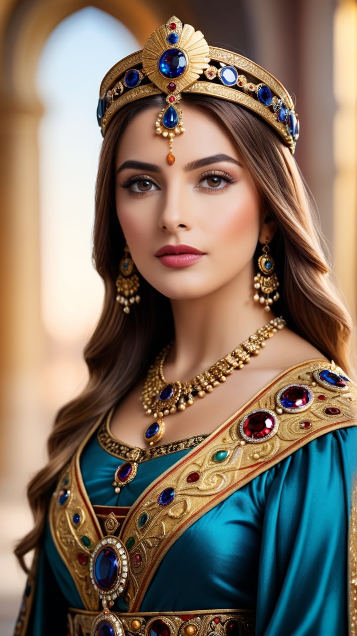 A portrait of Theodora, Byzantine Empress, radiating regal grace and strength in the style of Byzantine iconography. (masterpiece, top quality, best quality, official art, beautiful and aesthetic:1.2), (1girl:1.4), portrait, extreme detailed, highest detailed, simple background, 16k, high resolution, perfect dynamic composition, bokeh, (sharp focus:1.2), super wide angle, high angle, high color contrast, medium shot, depth of field, blurry background,more detail XL