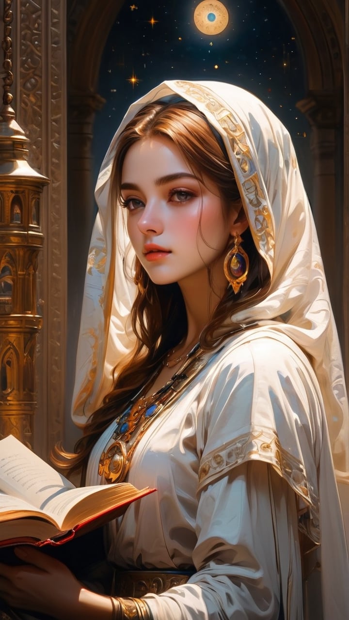 A Byzantine female astrologer in the dim lit library, white head-cloths and veils. (masterpiece, top quality, best quality, official art, beautiful and aesthetic:1.2), (1girl:1.4), portrait, extreme detailed, highest detailed, simple background, 16k, high resolution, perfect dynamic composition, bokeh, (sharp focus:1.2), super wide angle, high angle, high color contrast, medium shot, depth of field, blurry background, dark tones