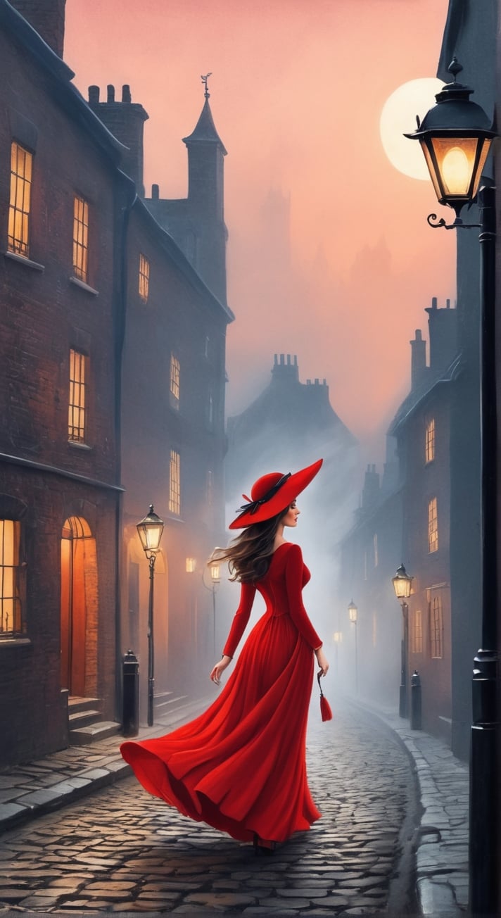 In a cobblestone alley of 18th century London at night, lots of fog, lit by street lamps, a girl walks down the street in red evening dress blown by the wind, a red hat, mysterious atmosphere, (masterpiece, top quality, best quality, official art, beautiful and aesthetic:1.2), (1girl:1.4), portrait, extreme detailed, highest detailed, simple background, 16k, high resolution, perfect dynamic composition, bokeh, (sharp focus:1.2), super wide angle, high angle, high color contrast, medium shot, depth of field, blurry background,chinese ink drawing,potma style