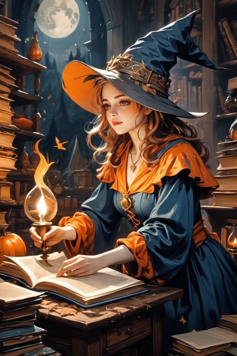 (masterpiece, top quality, best quality, official art, beautiful and aesthetic:1.2), A witch engrossed in the study of magic, a magic array glowing on the pages of a spellbook, (dimly lit workshop:1.2), witch robe, witch hat, portrait, extreme detailed, highest detailed, simple background, 16k, high resolution, perfect dynamic composition, (sharp focus:1.2), super wide angle, high angle, high color contrast, medium shot, depth of field, blurry background,potma style