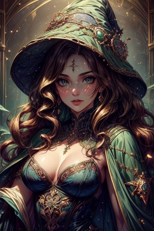 (masterpiece, top quality, best quality, official art, beautiful and aesthetic:1.2), (1girl:1.4), upper body, brown hair, portrait, extreme detailed, highest detailed, dynamic pose, head to thigh, (beautiful witch with wavy hair), dark green cloak, cape, (medieval fantasy), (Baghdad bazaar), herbs, crystals, spices, potions, streets, (close up shot, face focused),
