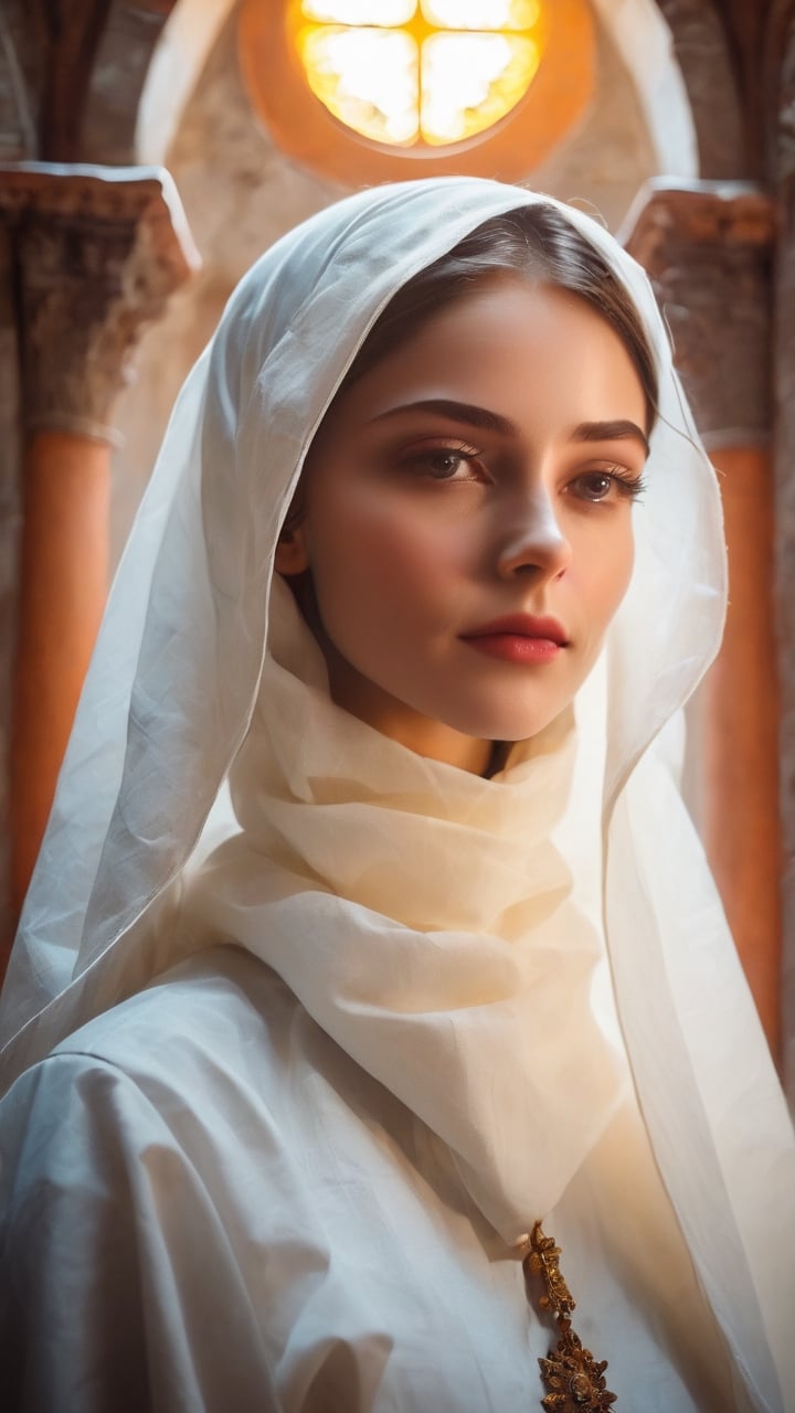 A Byzantine style girl in monastery, white head-cloths and veils. (masterpiece, top quality, best quality, official art, beautiful and aesthetic:1.2), (1girl:1.4), portrait, extreme detailed, highest detailed, simple background, 16k, high resolution, perfect dynamic composition, bokeh, (sharp focus:1.2), super wide angle, high angle, high color contrast, medium shot, depth of field, blurry background,more saturation 