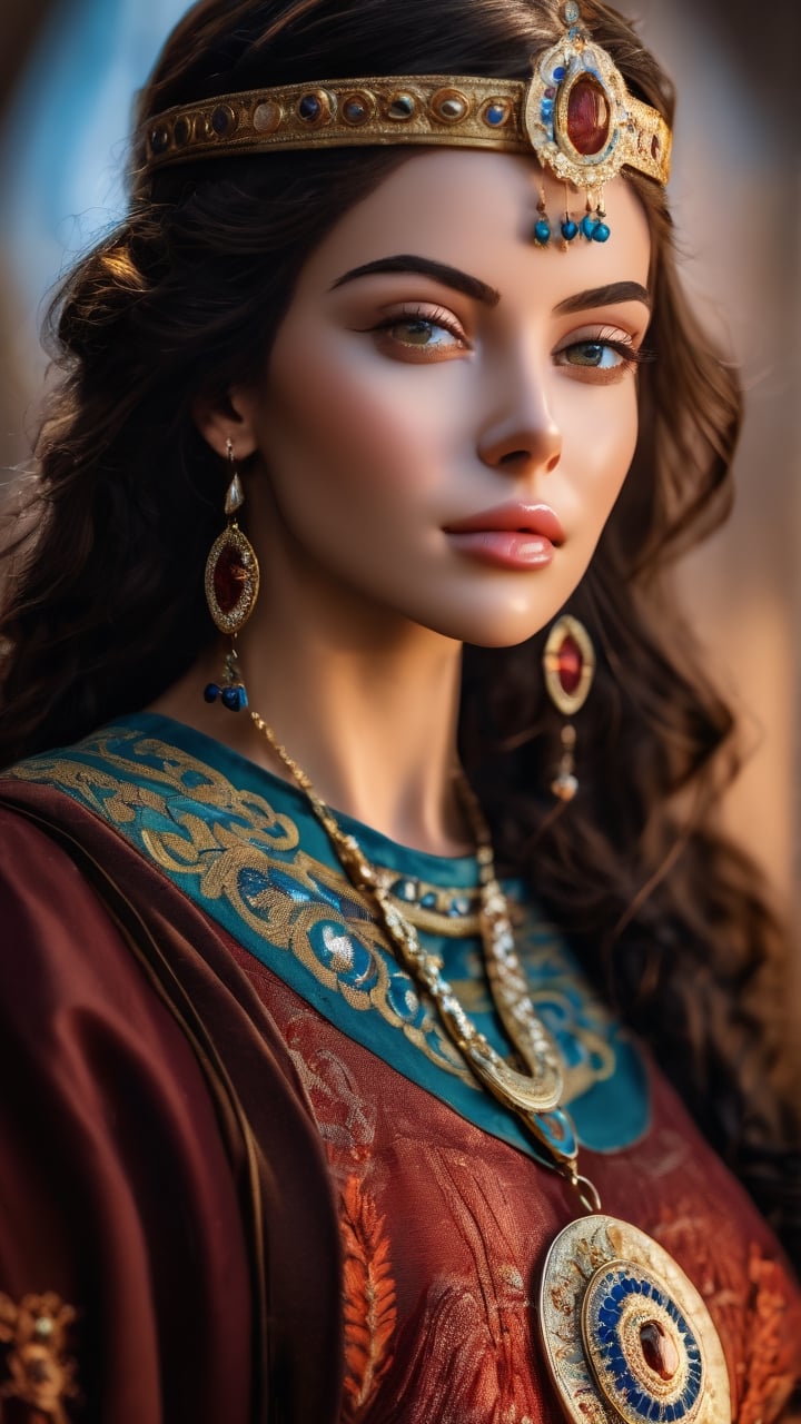 A portrait of Theodora, Byzantine Empress, radiating regal grace and strength in the style of Byzantine iconography. (masterpiece, top quality, best quality, official art, beautiful and aesthetic:1.2), (1girl:1.4), portrait, extreme detailed, highest detailed, simple background, 16k, high resolution, perfect dynamic composition, bokeh, (sharp focus:1.2), super wide angle, high angle, high color contrast, medium shot, depth of field, blurry background, cowboy shot,better photography