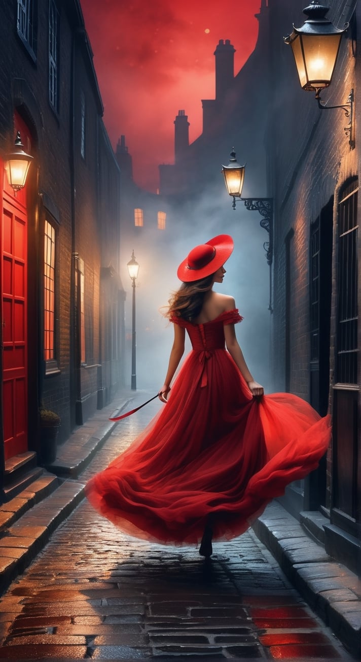 In a cobblestone alley of 18th century London at night, lots of fog, lit by street lamps, a girl walks down the street in red evening dress blown by the wind, a red hat, mysterious atmosphere, (masterpiece, top quality, best quality, official art, beautiful and aesthetic:1.2), (1girl:1.4), portrait, extreme detailed, highest detailed, simple background, 16k, high resolution, perfect dynamic composition, bokeh, (sharp focus:1.2), super wide angle, high angle, high color contrast, medium shot, depth of field, blurry background,chinese ink drawing