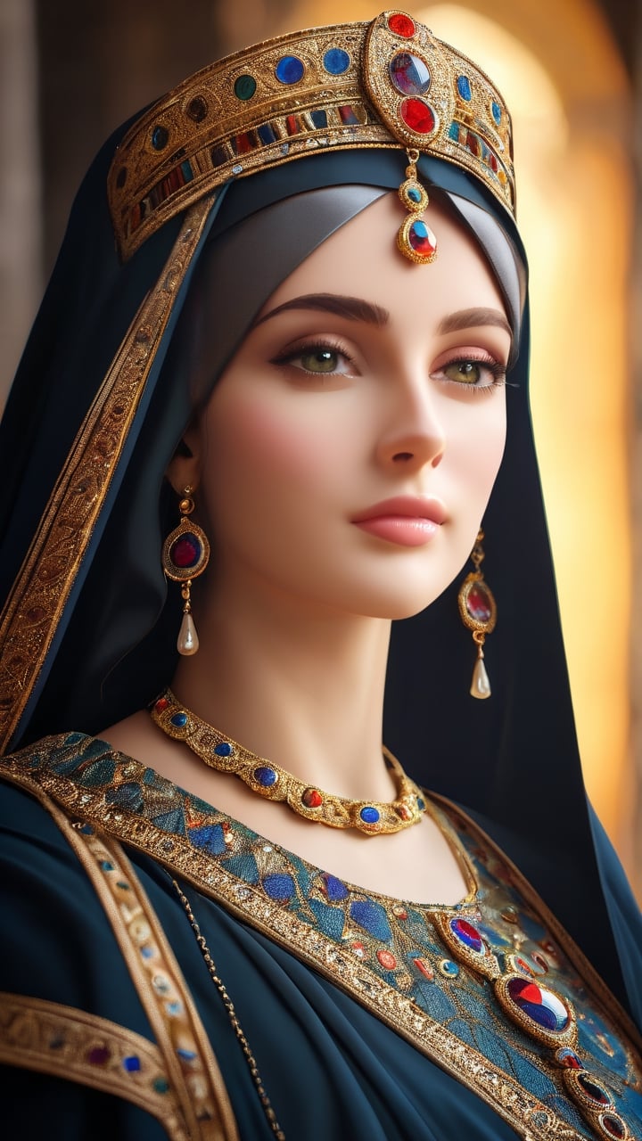 A portrait of Theodora, Byzantine Empress, radiating regal grace and strength in the style of Byzantine iconography. (masterpiece, top quality, best quality, official art, beautiful and aesthetic:1.2), (1girl:1.4), portrait, extreme detailed, highest detailed, simple background, 16k, high resolution, perfect dynamic composition, bokeh, (sharp focus:1.2), super wide angle, high angle, high color contrast, medium shot, depth of field, blurry background,