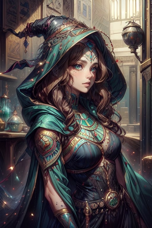 (Masterpiece, top quality, best quality, official art, beautiful and aesthetic:1.2), (1girl:1.4), upper body, brown hair, portrait, extreme detailed, highest detailed, dynamic pose, head to thigh, (beautiful witch with wavy hair), dark green cloak, hood, (medieval fantasy), (Egyptian Bazaar:1.4), herbs, crystals, spices, potions, streets,