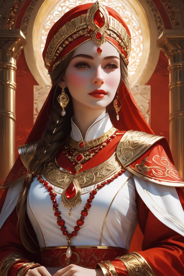 A priestess, red and white clothes, gold details. (masterpiece, top quality, best quality, official art, beautiful and aesthetic:1.2), (1girl:1.4), portrait, extreme detailed, highest detailed, simple background, 16k, high resolution, perfect dynamic composition, (sharp focus:1.2), super wide angle, high angle, high color contrast, medium shot, depth of field, blurry background, head to thigh