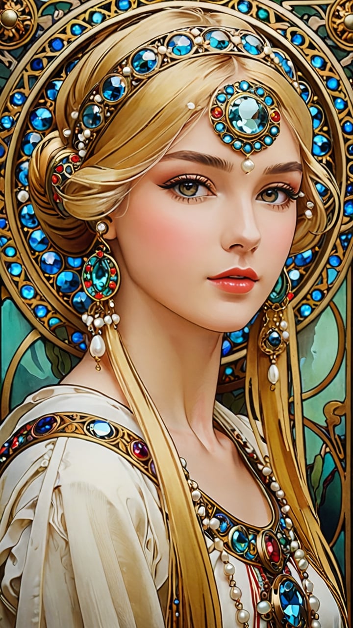 (Byzantine Heads: Blonde) by Mucha: a blonde hair girl wears a white scarf in her hair embellished with jewels and an ornate metal disk fringed with pearls. (masterpiece, top quality, best quality, official art, beautiful and aesthetic:1.2), (1girl:1.4), portrait, extreme detailed, highest detailed, simple background, 16k, high resolution, perfect dynamic composition, bokeh, (sharp focus:1.2), super wide angle, high angle, high color contrast, medium shot, depth of field, blurry background,art nouveau, (masterpiece:1.2),Anime style