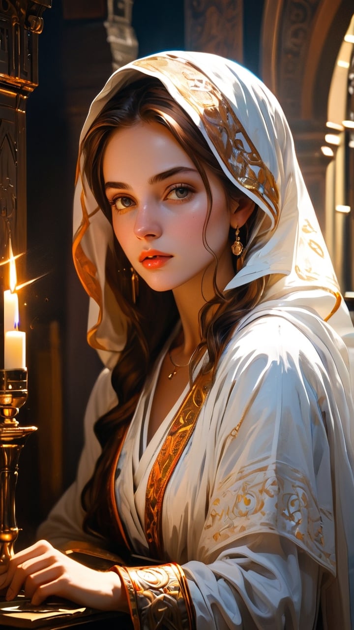 A Byzantine female astrologer in the dim lit library, white head-cloths and veils. (masterpiece, top quality, best quality, official art, beautiful and aesthetic:1.2), (1girl:1.4), portrait, extreme detailed, highest detailed, simple background, 16k, high resolution, perfect dynamic composition, bokeh, (sharp focus:1.2), super wide angle, high angle, high color contrast, medium shot, depth of field, blurry background, perfect eyes